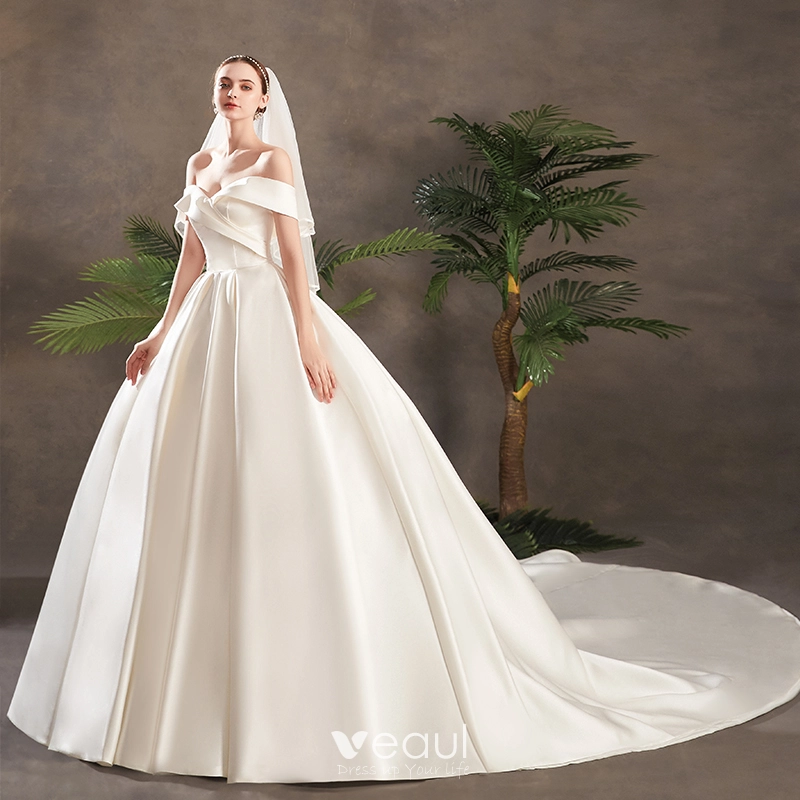 Modest Simple Ivory Satin Wedding Dresses 2019 Princess Off The Shoulder Short Sleeve Backless 5109