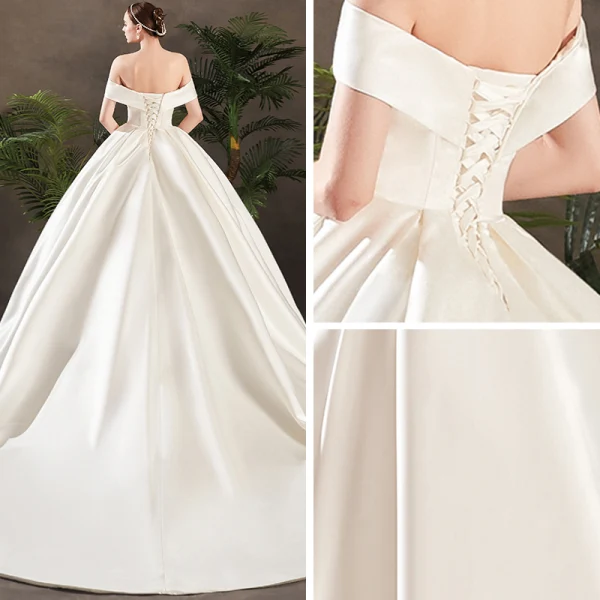 Simple Ivoire Satin Robe De Mariée 2019 Princesse De l'épaule Manches Courtes Dos Nu Chapel Train Volants