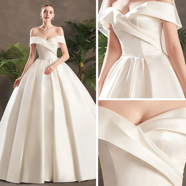 Simple Ivoire Satin Robe De Mariée 2019 Princesse De l'épaule Manches Courtes Dos Nu Chapel Train Volants