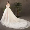 Classy Champagne Wedding Dresses 2019 A-Line / Princess Off-The-Shoulder Bow Short Sleeve Backless Glitter Appliques Lace Chapel Train Ruffle