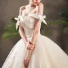 Classy Champagne Wedding Dresses 2019 A-Line / Princess Off-The-Shoulder Bow Short Sleeve Backless Glitter Appliques Lace Chapel Train Ruffle