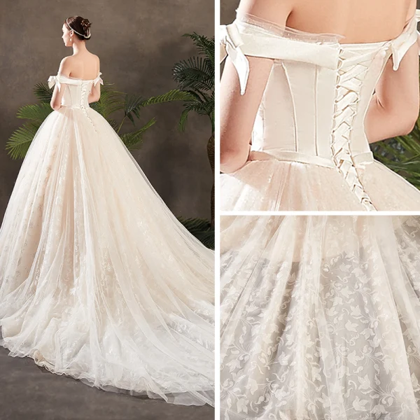 Chic Champagne Robe De Mariée 2019 Princesse De l'épaule Noeud Manches Courtes Dos Nu Glitter Appliques En Dentelle Chapel Train Volants