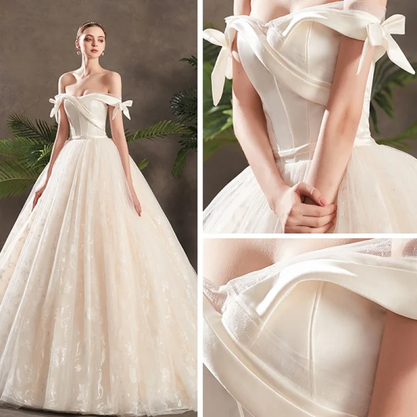 Chic Champagne Robe De Mariée 2019 Princesse De l'épaule Noeud Manches Courtes Dos Nu Glitter Appliques En Dentelle Chapel Train Volants