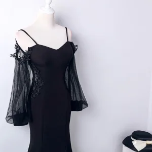 Abordable Noire Transparentes Robe De Soirée 2019 Trompette Sirène Bretelles Spaghetti Gonflée Manches Longues Appliques En Dentelle Longue Dos Nu Robe De Ceremonie