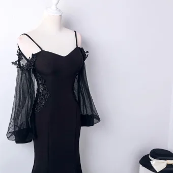Affordable Black See Through Evening Dresses 2019 Trumpet Mermaid Spaghetti Straps Puffy Long Sleeve Appliques Lace Floor Length Long Backless Formal Dresses