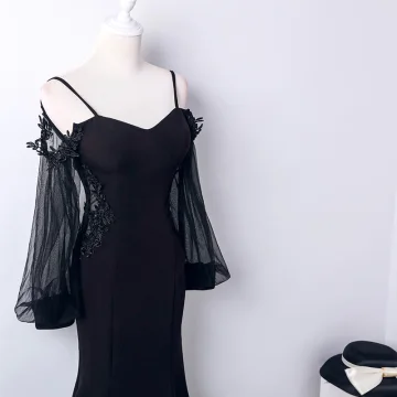 Affordable Black See Through Evening Dresses 2019 Trumpet Mermaid Spaghetti Straps Puffy Long Sleeve Appliques Lace Floor Length Long Backless Formal Dresses