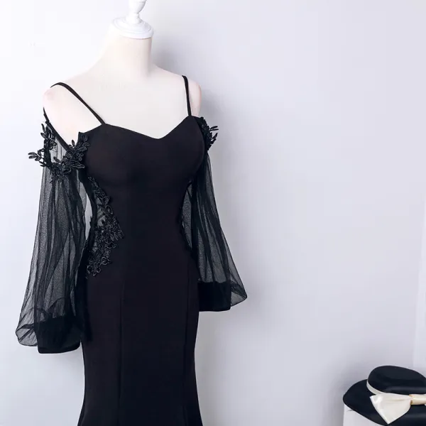 Affordable Black See-through Evening Dresses  2019 Trumpet / Mermaid Spaghetti Straps Puffy Long Sleeve Appliques Lace Floor-Length / Long Backless Formal Dresses