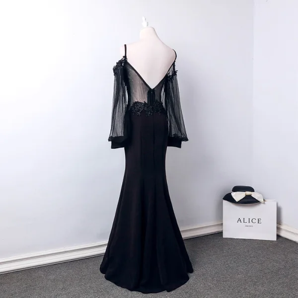 Abordable Noire Transparentes Robe De Soirée 2019 Trompette / Sirène Bretelles Spaghetti Gonflée Manches Longues Appliques En Dentelle Longue Dos Nu Robe De Ceremonie