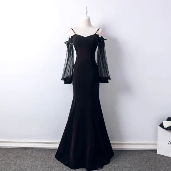Abordable Noire Transparentes Robe De Soirée 2019 Trompette / Sirène Bretelles Spaghetti Gonflée Manches Longues Appliques En Dentelle Longue Dos Nu Robe De Ceremonie