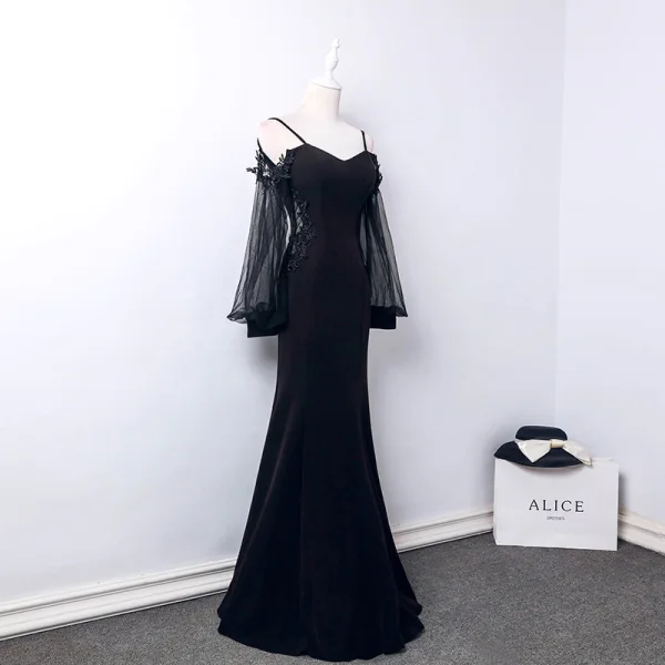 Abordable Noire Transparentes Robe De Soirée 2019 Trompette / Sirène Bretelles Spaghetti Gonflée Manches Longues Appliques En Dentelle Longue Dos Nu Robe De Ceremonie