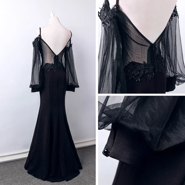 Abordable Noire Transparentes Robe De Soirée 2019 Trompette / Sirène Bretelles Spaghetti Gonflée Manches Longues Appliques En Dentelle Longue Dos Nu Robe De Ceremonie