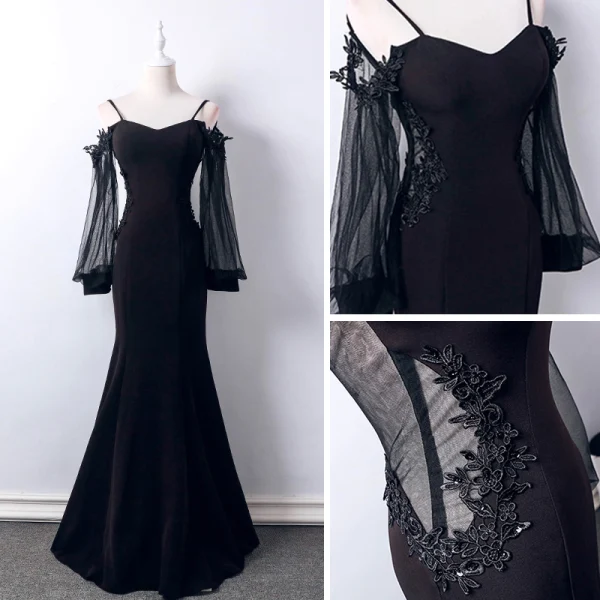 Abordable Noire Transparentes Robe De Soirée 2019 Trompette / Sirène Bretelles Spaghetti Gonflée Manches Longues Appliques En Dentelle Longue Dos Nu Robe De Ceremonie