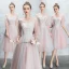 Discount Blushing Pink Bridesmaid Dresses 2019 A-Line / Princess Backless Appliques Lace Pearl Rhinestone Tea-length Ruffle Wedding Party Dresses
