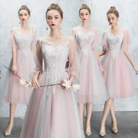 Discount Blushing Pink Bridesmaid Dresses 2019 A-Line / Princess Backless Appliques Lace Pearl Rhinestone Tea-length Ruffle Wedding Party Dresses