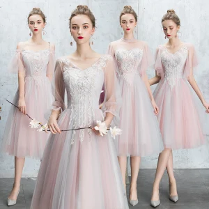 Rabatt Rosa Brautjungfernkleider 2019 A Linie Rückenfreies Applikationen Spitze Perle Strass Wadenlang Rüschen Kleider Für Hochzeit