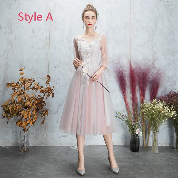 Discount Blushing Pink Bridesmaid Dresses 2019 A-Line / Princess Backless Appliques Lace Pearl Rhinestone Tea-length Ruffle Wedding Party Dresses
