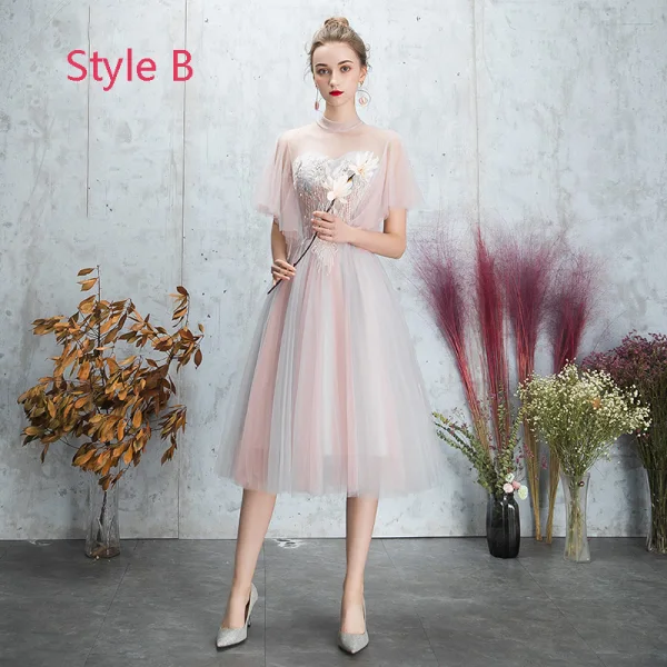 Discount Blushing Pink Bridesmaid Dresses 2019 A-Line / Princess Backless Appliques Lace Pearl Rhinestone Tea-length Ruffle Wedding Party Dresses