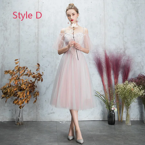 Discount Blushing Pink Bridesmaid Dresses 2019 A-Line / Princess Backless Appliques Lace Pearl Rhinestone Tea-length Ruffle Wedding Party Dresses