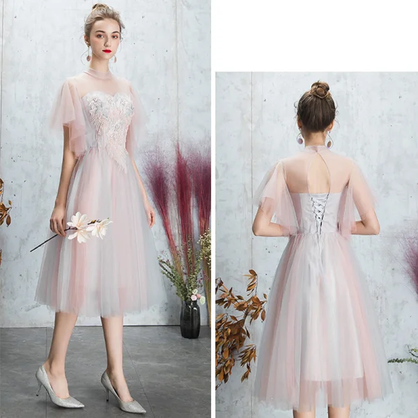Discount Blushing Pink Bridesmaid Dresses 2019 A-Line / Princess Backless Appliques Lace Pearl Rhinestone Tea-length Ruffle Wedding Party Dresses