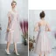 Discount Blushing Pink Bridesmaid Dresses 2019 A-Line / Princess Backless Appliques Lace Pearl Rhinestone Tea-length Ruffle Wedding Party Dresses