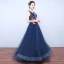 Fée Des Fleurs Bleu Marine Robe De Soirée 2019 Princesse Encolure Dégagée Sans Manches Appliques En Dentelle Paillettes Longue Volants Dos Nu Robe De Ceremonie