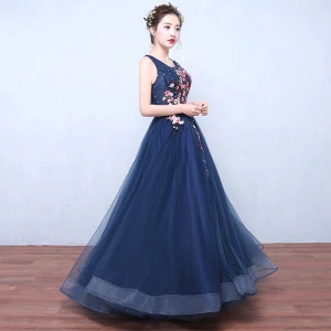 Flower Fairy Navy Blue Evening Dresses 2019 A Line Princess Scoop Neck Sleeveless Appliques Lace Sequins Floor Length Long Ruffle Backless Formal Dresses