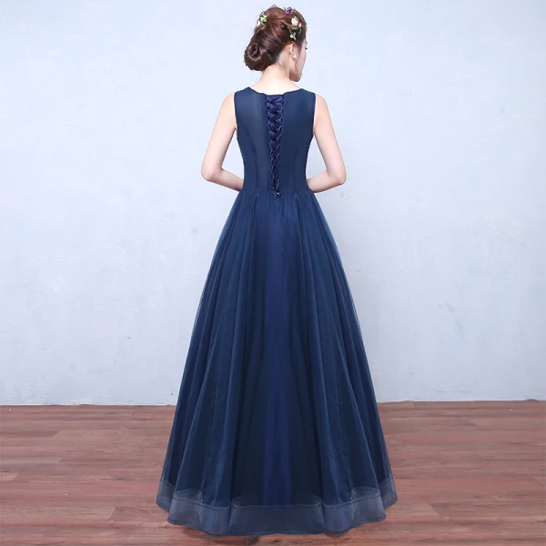 Fée Des Fleurs Bleu Marine Robe De Soirée 2019 Princesse Encolure Dégagée Sans Manches Appliques En Dentelle Paillettes Longue Volants Dos Nu Robe De Ceremonie