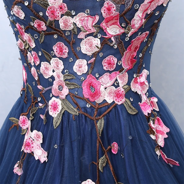 Fée Des Fleurs Bleu Marine Robe De Soirée 2019 Princesse Encolure Dégagée Sans Manches Appliques En Dentelle Paillettes Longue Volants Dos Nu Robe De Ceremonie