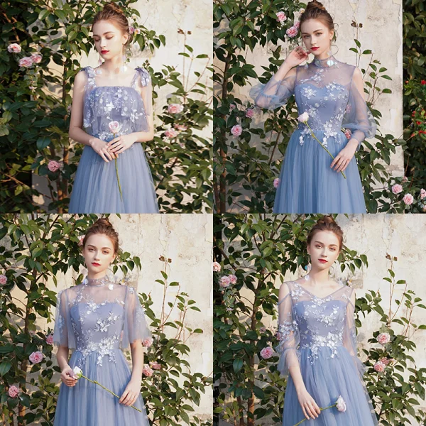 Remise Bleu Ciel Transparentes Robe Demoiselle D'honneur 2019 Princesse Appliques En Dentelle Thé Longueur Dos Nu Robe Pour Mariage