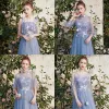 Descuento Azul Cielo Transparentes Vestidos De Damas De Honor 2019 A-Line / Princess Apliques Con Encaje Té De Longitud Sin Espalda Vestidos para bodas