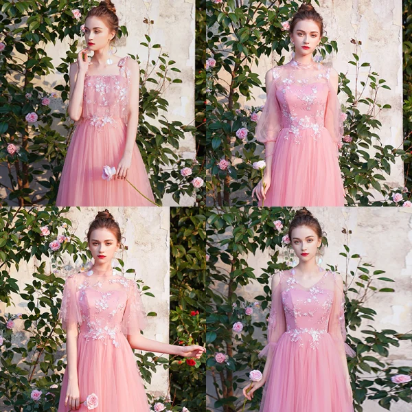 Remise Bleu Ciel Transparentes Robe Demoiselle D'honneur 2019 Princesse Appliques En Dentelle Thé Longueur Dos Nu Robe Pour Mariage