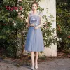 Descuento Azul Cielo Transparentes Vestidos De Damas De Honor 2019 A-Line / Princess Apliques Con Encaje Té De Longitud Sin Espalda Vestidos para bodas
