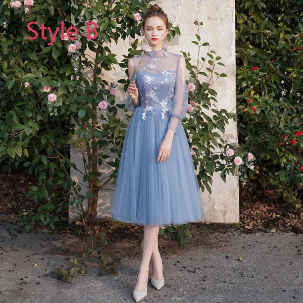 Remise Bleu Ciel Transparentes Robe Demoiselle D'honneur 2019 Princesse Appliques En Dentelle Thé Longueur Dos Nu Robe Pour Mariage