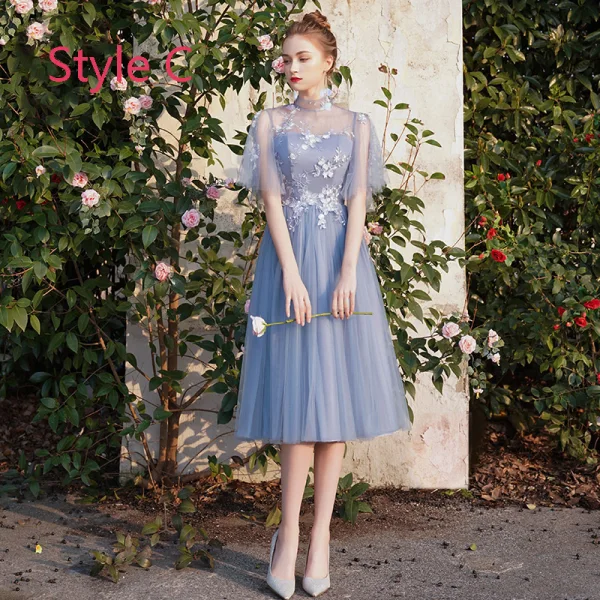 Remise Bleu Ciel Transparentes Robe Demoiselle D'honneur 2019 Princesse Appliques En Dentelle Thé Longueur Dos Nu Robe Pour Mariage