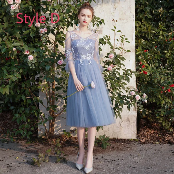Remise Bleu Ciel Transparentes Robe Demoiselle D'honneur 2019 Princesse Appliques En Dentelle Thé Longueur Dos Nu Robe Pour Mariage