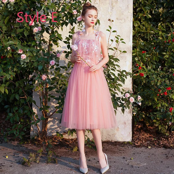 Remise Bleu Ciel Transparentes Robe Demoiselle D'honneur 2019 Princesse Appliques En Dentelle Thé Longueur Dos Nu Robe Pour Mariage