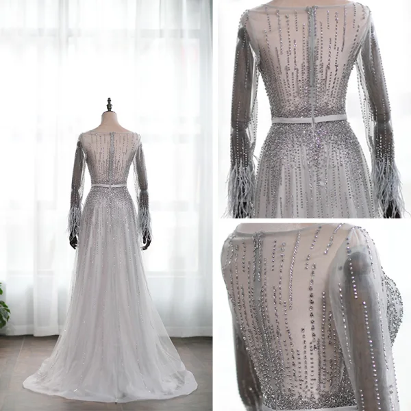 Luxe Gris Transparentes Robe De Soirée 2019 Princesse Encolure Dégagée Manches Longues Plumes Fait main Perlage Ceinture Train De Balayage Volants Robe De Ceremonie