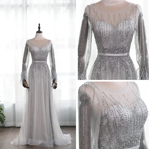 Luxe Gris Transparentes Robe De Soirée 2019 Princesse Encolure Dégagée Manches Longues Plumes Fait main Perlage Ceinture Train De Balayage Volants Robe De Ceremonie