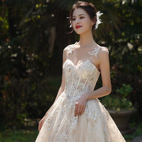 Luxury / Gorgeous Champagne Wedding Dresses 2019 A-Line / Princess Spaghetti Straps Sleeveless Backless Appliques Lace Beading Cathedral Train Ruffle