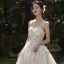 Luxury / Gorgeous Champagne Wedding Dresses 2019 A-Line / Princess Spaghetti Straps Sleeveless Backless Appliques Lace Beading Cathedral Train Ruffle