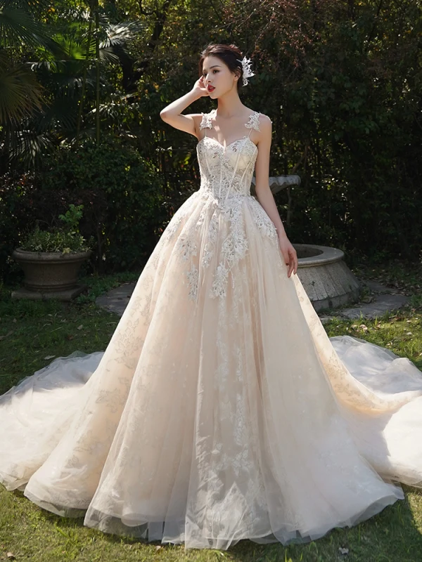 Luxury / Gorgeous Champagne Wedding Dresses 2019 A-Line / Princess Spaghetti Straps Sleeveless Backless Appliques Lace Beading Cathedral Train Ruffle