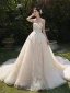 Luxury / Gorgeous Champagne Wedding Dresses 2019 A-Line / Princess Spaghetti Straps Sleeveless Backless Appliques Lace Beading Cathedral Train Ruffle