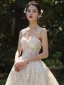 Luxury / Gorgeous Champagne Wedding Dresses 2019 A-Line / Princess Spaghetti Straps Sleeveless Backless Appliques Lace Beading Cathedral Train Ruffle