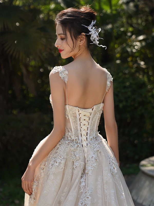 Luxury / Gorgeous Champagne Wedding Dresses 2019 A-Line / Princess Spaghetti Straps Sleeveless Backless Appliques Lace Beading Cathedral Train Ruffle