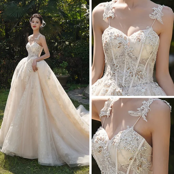 Luxury / Gorgeous Champagne Wedding Dresses 2019 A-Line / Princess Spaghetti Straps Sleeveless Backless Appliques Lace Beading Cathedral Train Ruffle