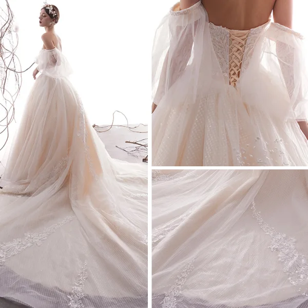 Beste Champagne Brudekjoler 2019 Prinsesse Kjæreste Avtakbar Bell ermer Ryggløse Appliques Blonder Beading Glitter Flekkete Tyll Chapel Train Buste