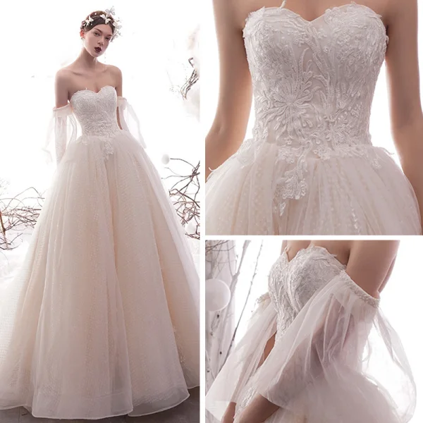 Beste Champagne Brudekjoler 2019 Prinsesse Kjæreste Avtakbar Bell ermer Ryggløse Appliques Blonder Beading Glitter Flekkete Tyll Chapel Train Buste