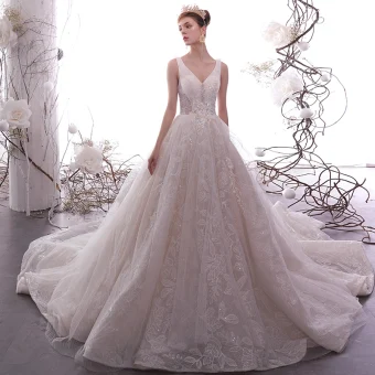 Elegant Champagne Wedding Dresses 2019 A Line Princess V Neck Sleeveless Backless Glitter Leaf Appliques Lace Beading Chapel Train Ruffle