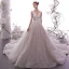 Elegant Champagne Wedding Dresses 2019 A-Line / Princess V-Neck Sleeveless Backless Glitter Leaf Appliques Lace Beading Chapel Train Ruffle