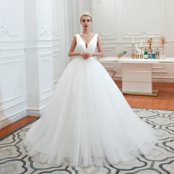 Affordable Ivory Outdoor Garden Wedding Dresses 2019 Ball Gown Deep V Neck Sleeveless Backless Sweep Train Ruffle
